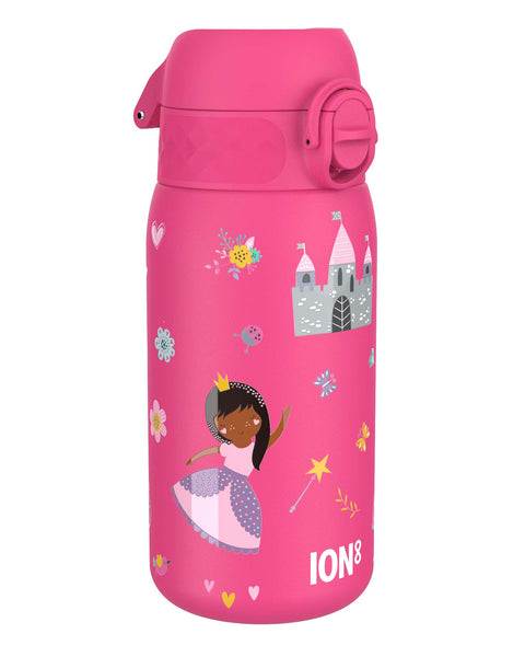 A pink water bottle, featuring a princess and castle design, sits against a white background. ION8 is printed on the bottle.