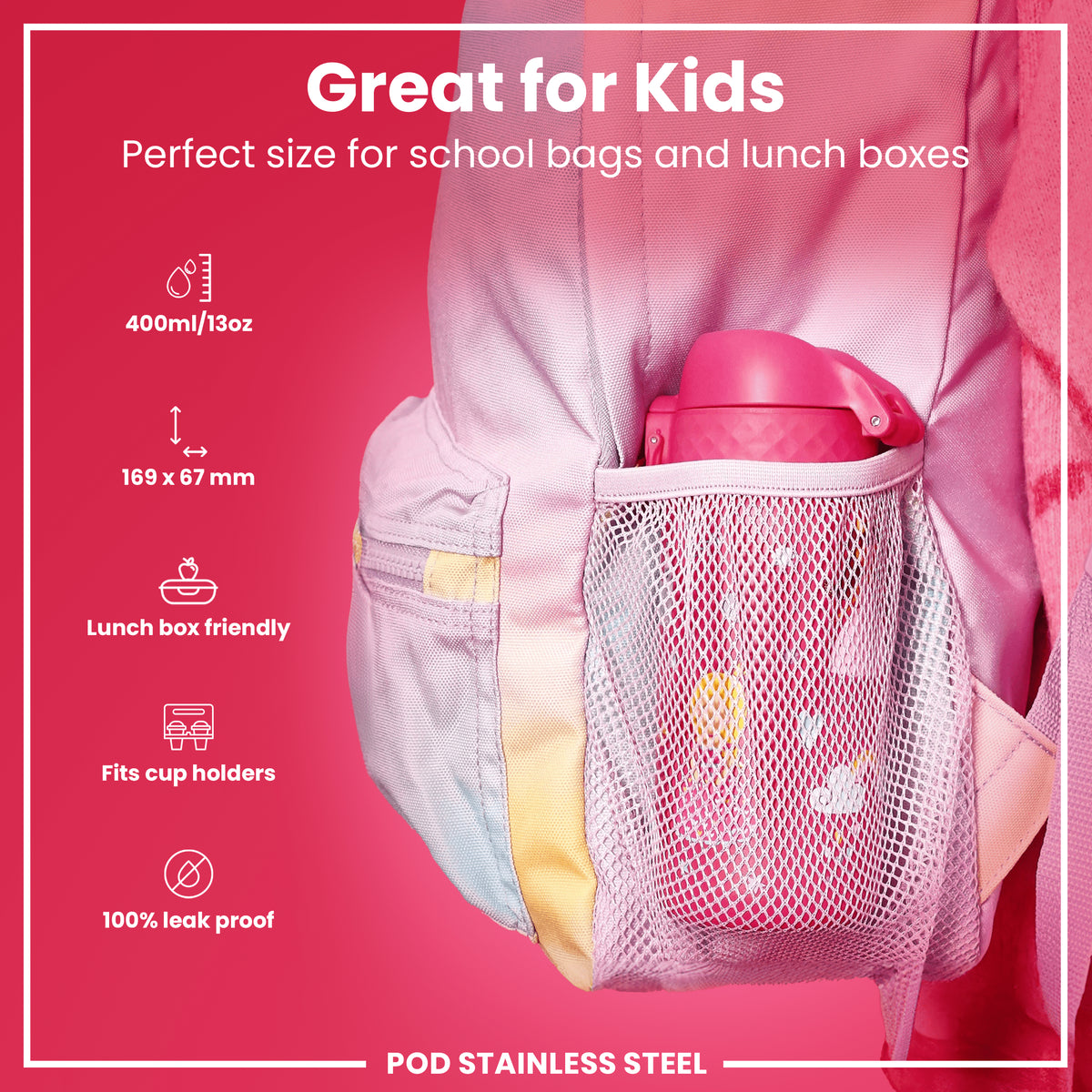 Leak Proof Kids Water Bottle, Stainless Steel, Princess, 400ml (13oz)