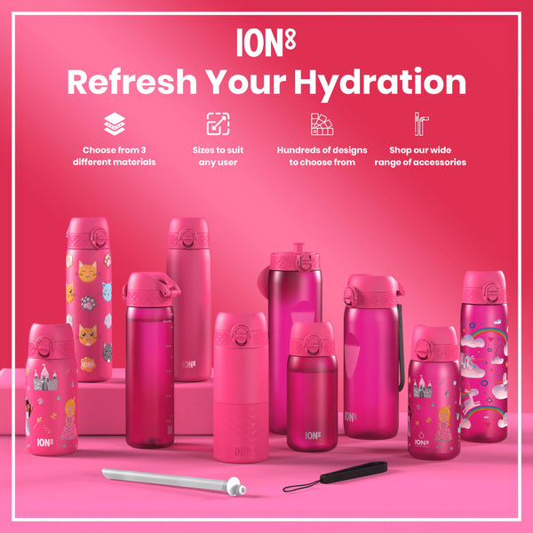 Various pink ION8 water bottles, of different sizes and designs, are displayed on a pink surface. Choose from 3 different materials. Sizes to suit any user. Hundreds of designs to choose from. Shop our wide range of accessories.