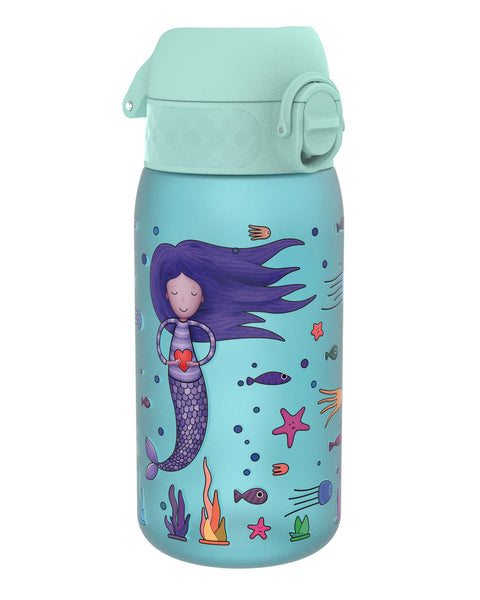 A teal water bottle, featuring a mermaid design, sits against a white background. The bottle has a light teal lid with a flip-top mechanism.