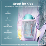 A teal water bottle fits inside a purple mesh pocket of a backpack; it’s lunchbox and cup-holder friendly, 100% leak-proof, and 350ml/12oz. Great for kids. POD RECYCLON™.