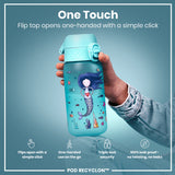 A teal water bottle, featuring a mermaid design, is held; its flip top opens with a single click. The bottle is shown against a teal backdrop. 