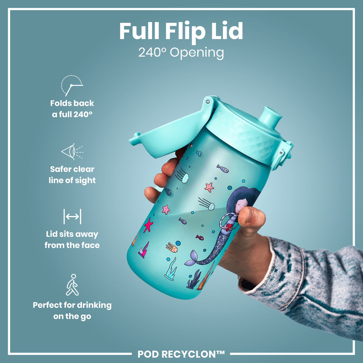 A teal water bottle, featuring a mermaid design, is being held. Its flip lid opens 240 degrees. The bottle is designed for on-the-go drinking. POD RECYCLON™