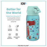 A light-blue water bottle, featuring a mermaid design, sits against a white background; it's made from a plant-based polymer and is BPA free, dishwasher safe, and odour resistant.