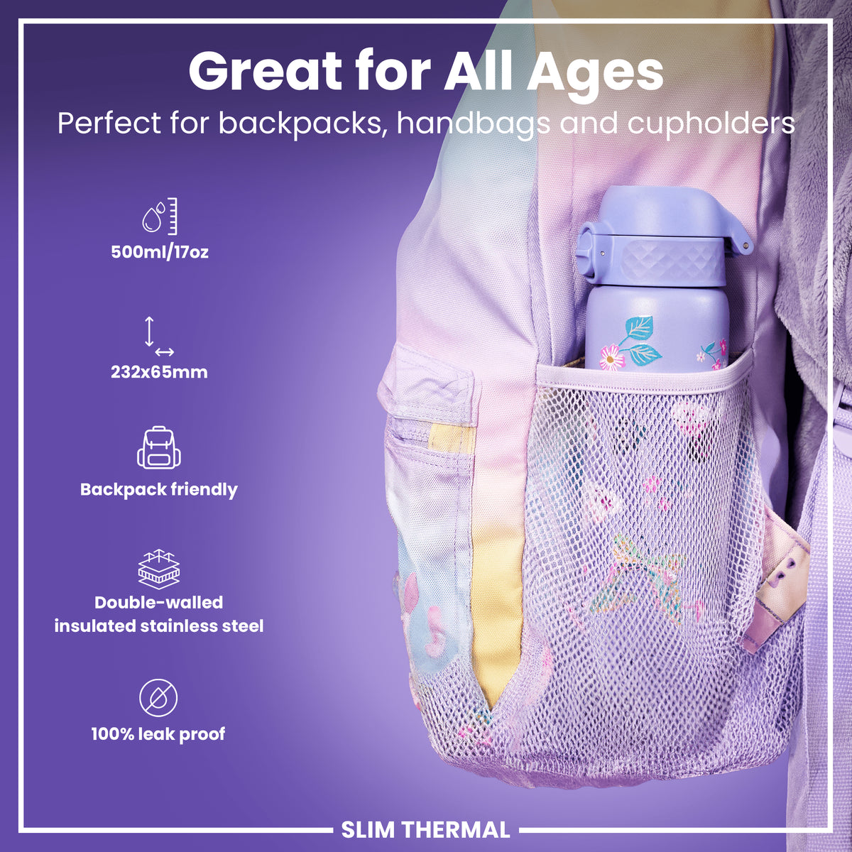 Leak Proof Slim Thermal Steel Water Bottle, Insulated, Butterfly, 500ml (17oz)