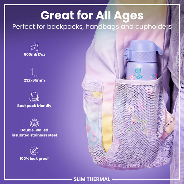 Leak Proof Slim Thermal Steel Water Bottle, Insulated, Butterfly, 500ml (17oz)