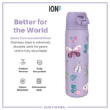 A lavender-colored, insulated stainless steel water bottle, featuring a butterfly and floral design, is displayed against a white background. Better for the World. Made from Insulated Steel. Stainless steel is extremely durable, lasts for years, and is fully recyclable. Carbon Neutral. Fully Recyclable. Odour Resistant. Dishwasher Safe. Slim Thermal.
