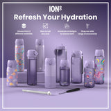 Several purple water bottles, of varying sizes and designs, are displayed on a lavender surface. They are showcased alongside a straw and carrying strap. The text reads 