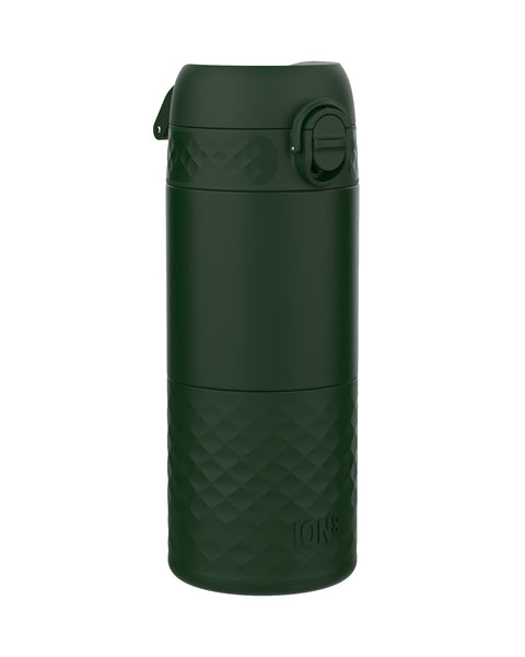 A dark-green ION8 water bottle stands upright against a white background. The bottle features a textured, diamond-patterned base.