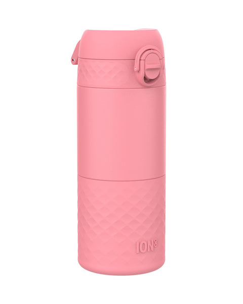 A pink ION8 water bottle sits on a white background. The bottle has a textured base and a hinged lid.
