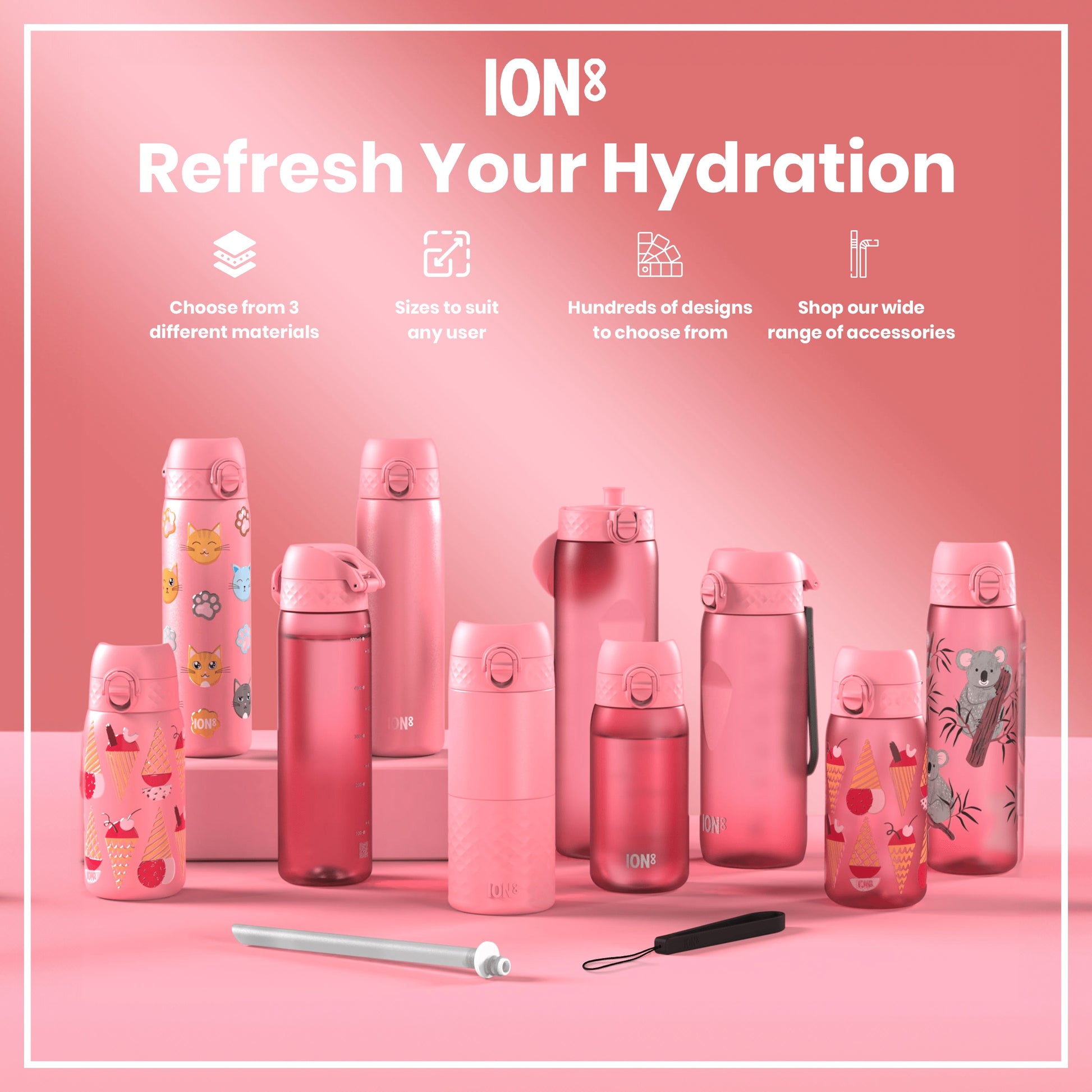 Pink ION8 water bottles, various sizes and designs, are displayed on a pink surface; accompanying text advertises material choices, sizing, design options, and accessories.