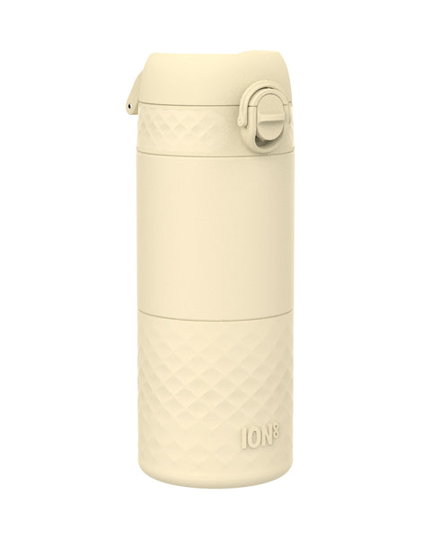 A pale yellow, cylindrical water bottle with a textured base and hinged lid sits against a white background. The bottle is labeled "ION8".