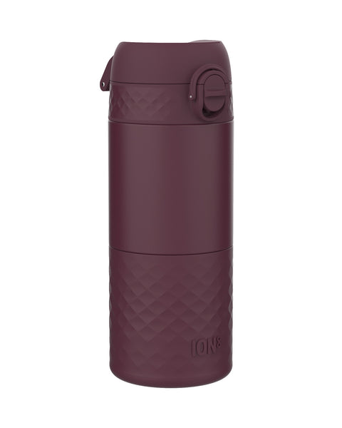 A dark-burgundy ION8 water bottle sits upright against a white background. The bottle features a textured, diamond-patterned base and a hinged, snap-on lid.