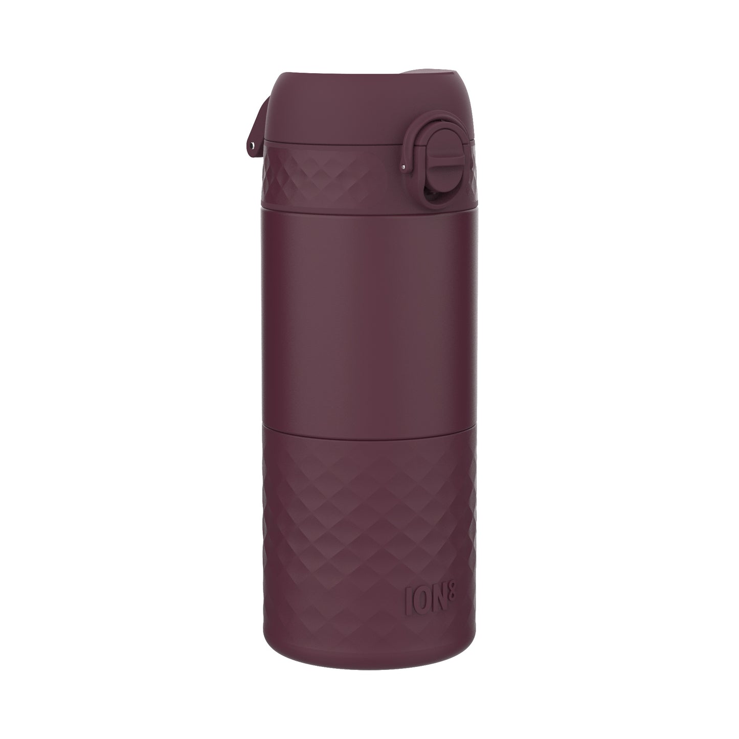 A dark-burgundy ION8 water bottle sits upright against a white background. The bottle features a textured, diamond-patterned base and a hinged, snap-on lid.