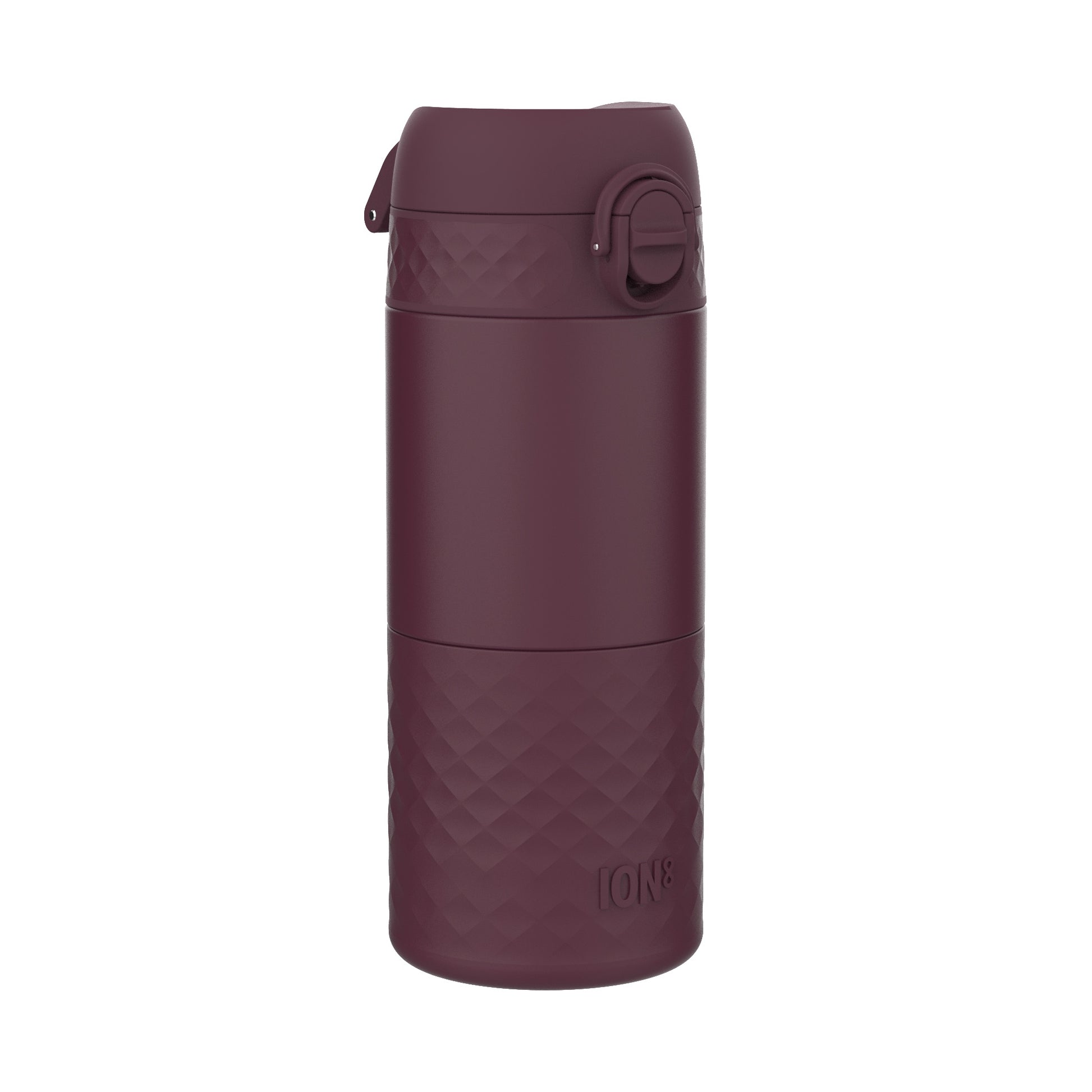 A dark-burgundy ION8 water bottle sits upright against a white background. The bottle features a textured, diamond-patterned base and a hinged, snap-on lid.