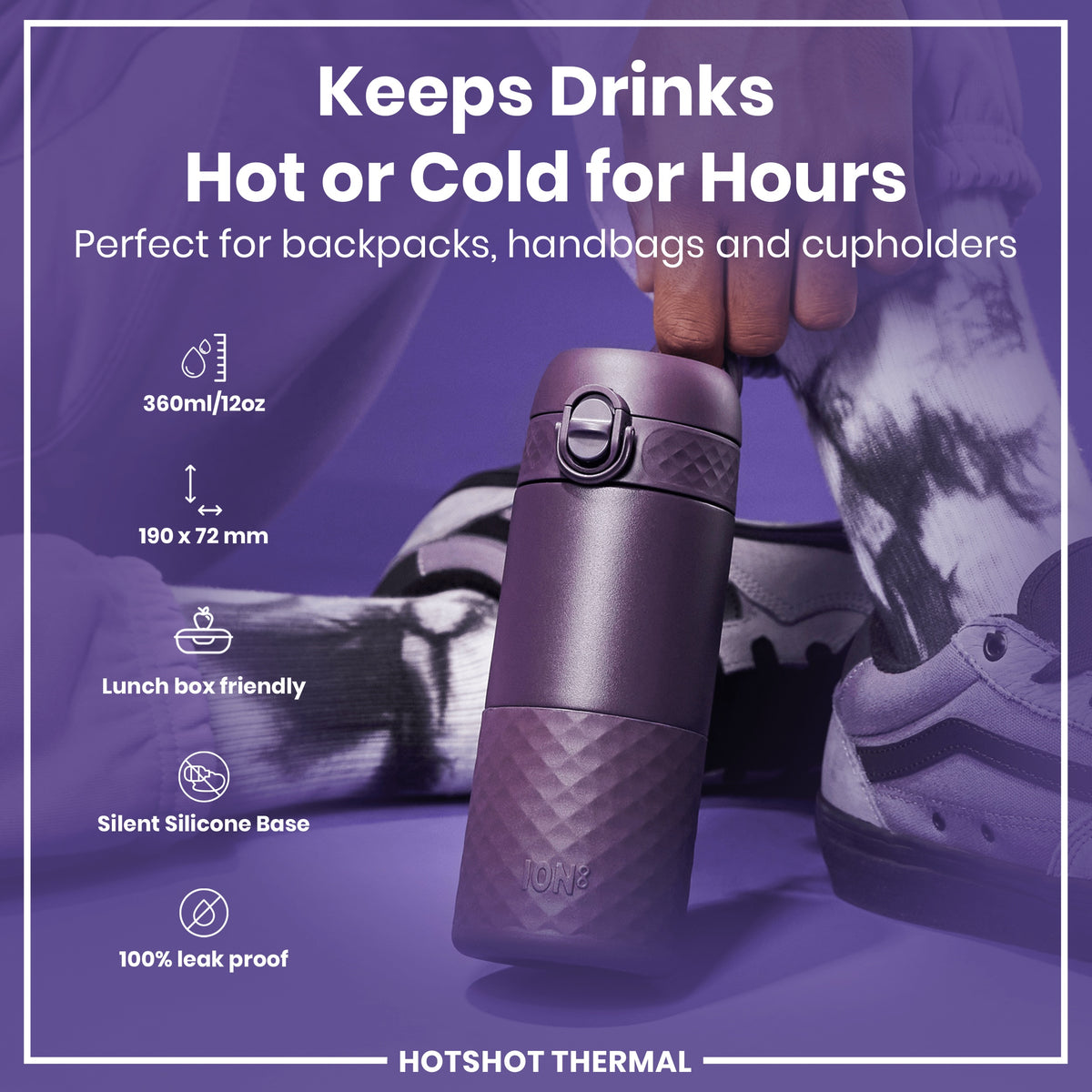 A purple thermos keeps drinks hot or cold for hours. A person holds it. The background is purple with text describing its features and dimensions (360ml/12oz, 190 x 72 mm), and suitability for bags and lunchboxes. It's 100% leak proof with a silent silicone base.