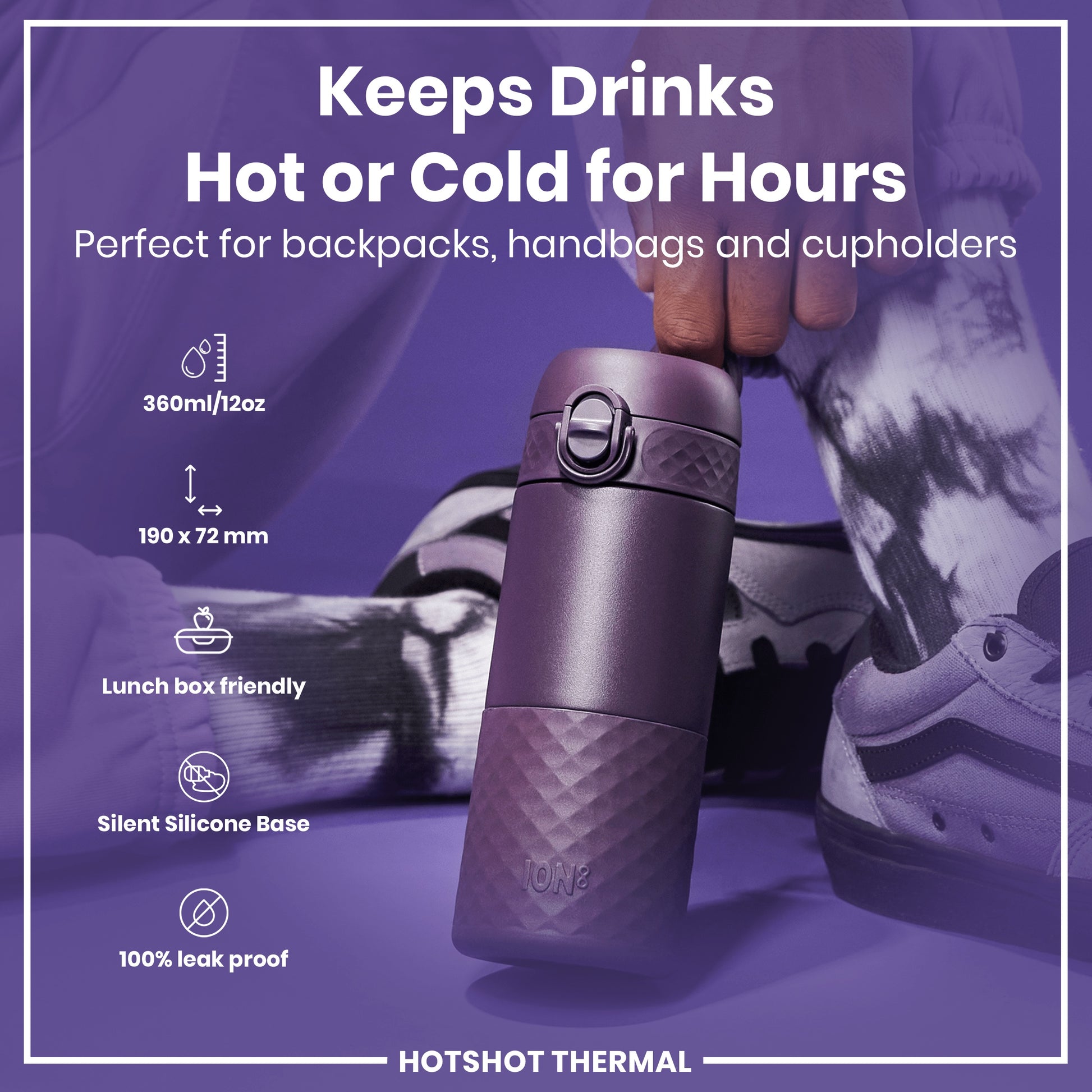 A purple thermos keeps drinks hot or cold for hours. A person holds it. The background is purple with text describing its features and dimensions (360ml/12oz, 190 x 72 mm), and suitability for bags and lunchboxes. It's 100% leak proof with a silent silicone base.
