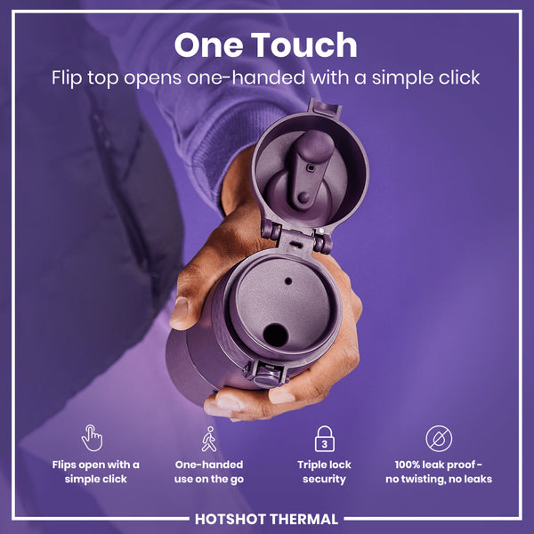 A purple thermos's flip top is opened one-handed; a person demonstrates its features against a purple background. "One Touch," "Flips open with a simple click," "One-handed use on the go," "Triple lock security," "100% leak proof - no twisting, no leaks," and "HOTSHOT THERMAL" are also present.