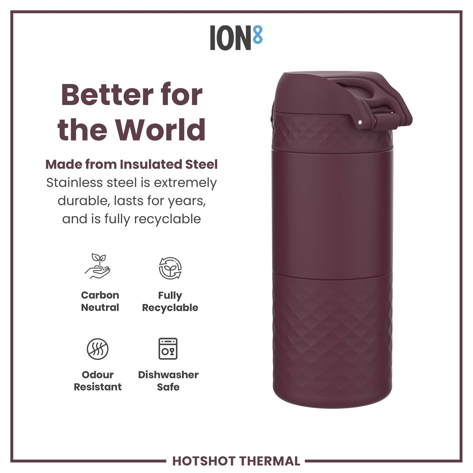 A dark-burgundy insulated steel thermos sits against a white background; it is carbon neutral, fully recyclable, odour resistant, and dishwasher safe.