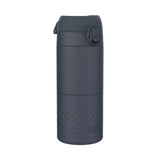 A dark-gray ION8 water bottle stands upright against a white background. Its textured base and lid feature a geometric pattern.