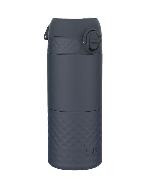 A dark-gray ION8 water bottle stands upright against a white background. Its textured base and lid feature a geometric pattern.