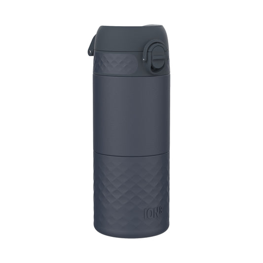 A dark-gray ION8 water bottle stands upright against a white background. Its textured base and lid feature a geometric pattern.