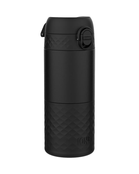 A black water bottle, featuring a textured diamond pattern and a hinged lid, stands against a white background. ION8 is subtly embossed on the bottle.