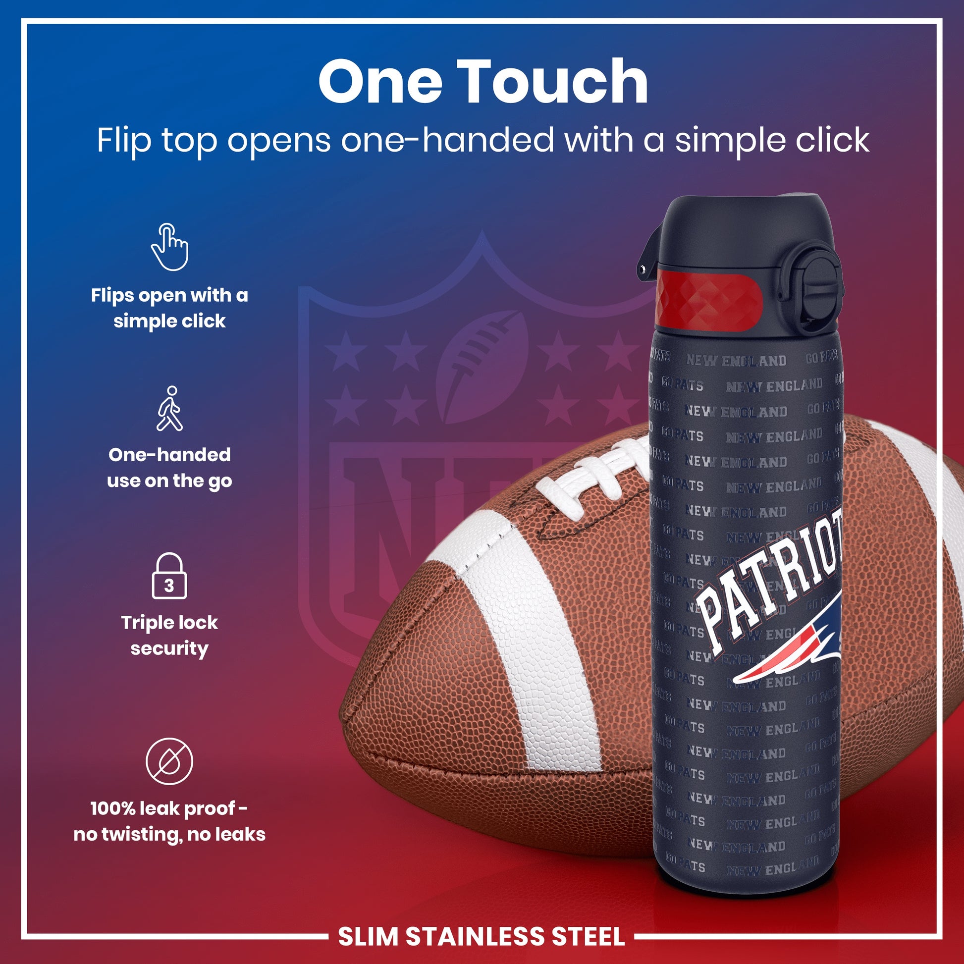 A water bottle, featuring a flip top that opens one-handedly, rests beside an American football. The bottle is dark-colored with "PATRIOT" and repeated "New England" text, indicating a sports-themed design.