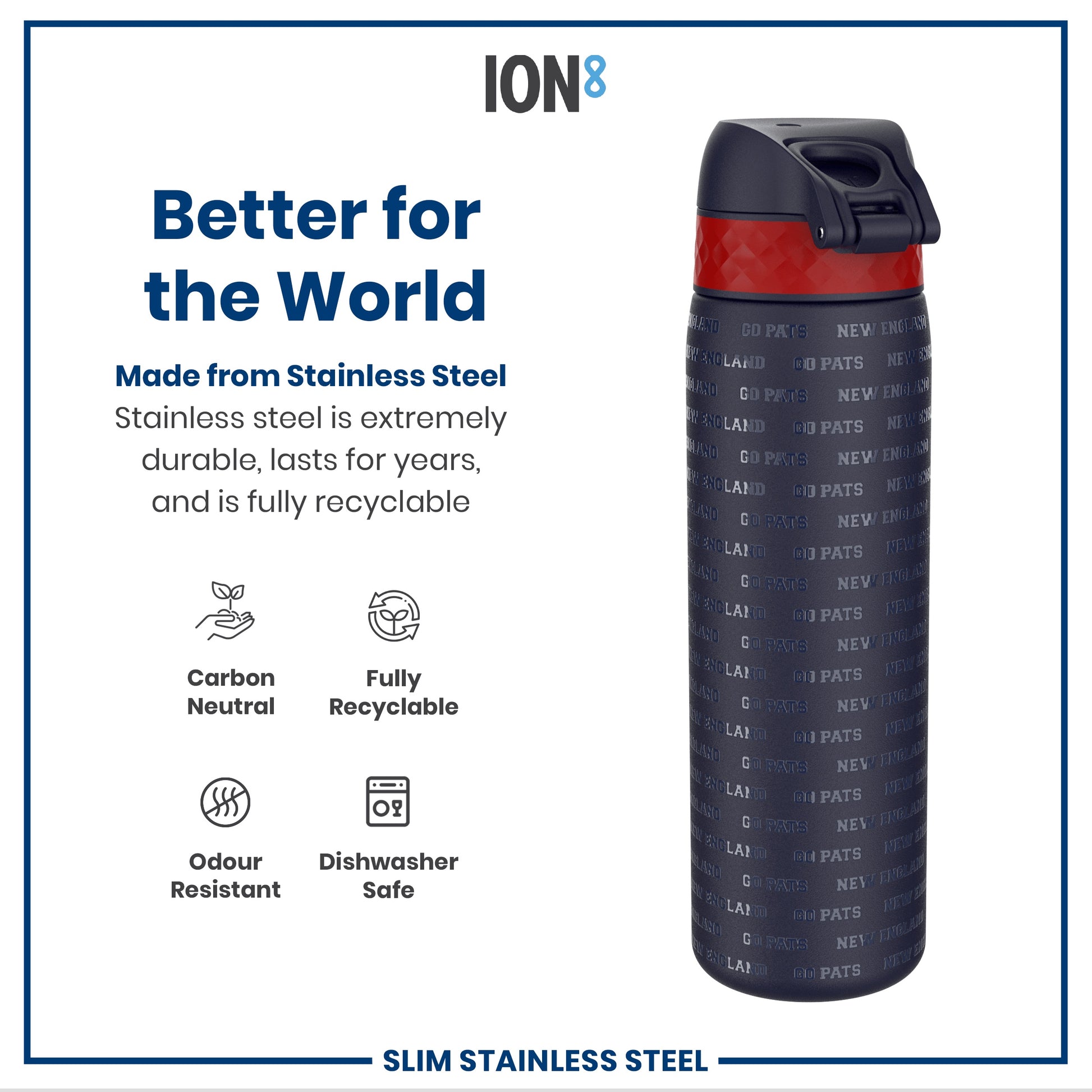 A stainless steel water bottle sits against a white background. It features a dark-colored body with a red band and repeated text, "NEW ENGLAND GO PATS". The bottle is advertised as durable, recyclable, and dishwasher safe.
