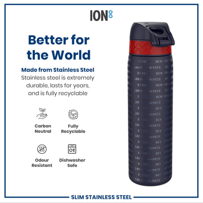 A stainless steel water bottle sits against a white background. It features a dark-colored body with a red band and repeated text, "NEW ENGLAND GO PATS". The bottle is advertised as durable, recyclable, and dishwasher safe.