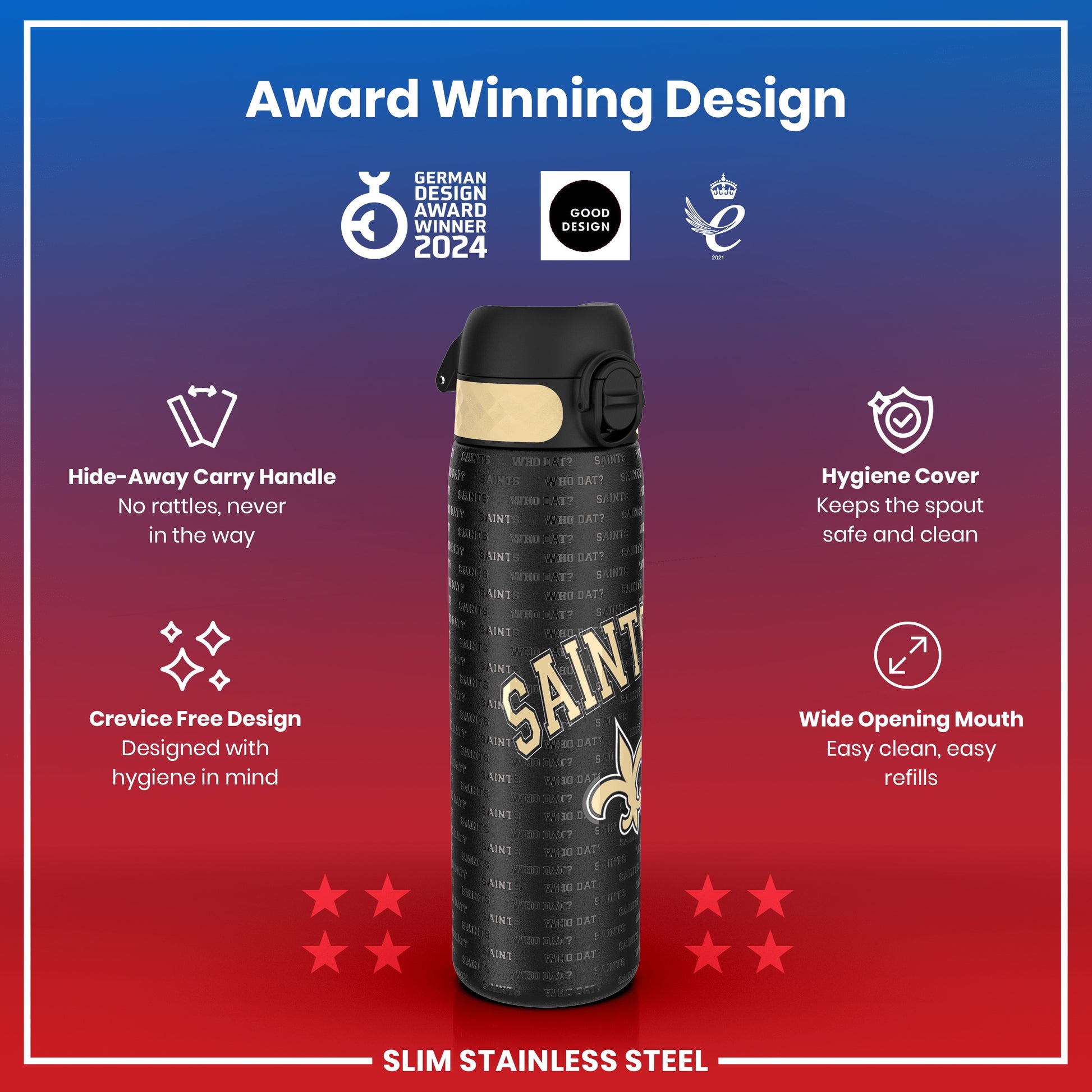 A slim stainless steel water bottle, displaying the New Orleans Saints logo, sits on a red background; it features a hide-away handle, a hygiene cover, and a wide opening mouth. Award logos are displayed above.