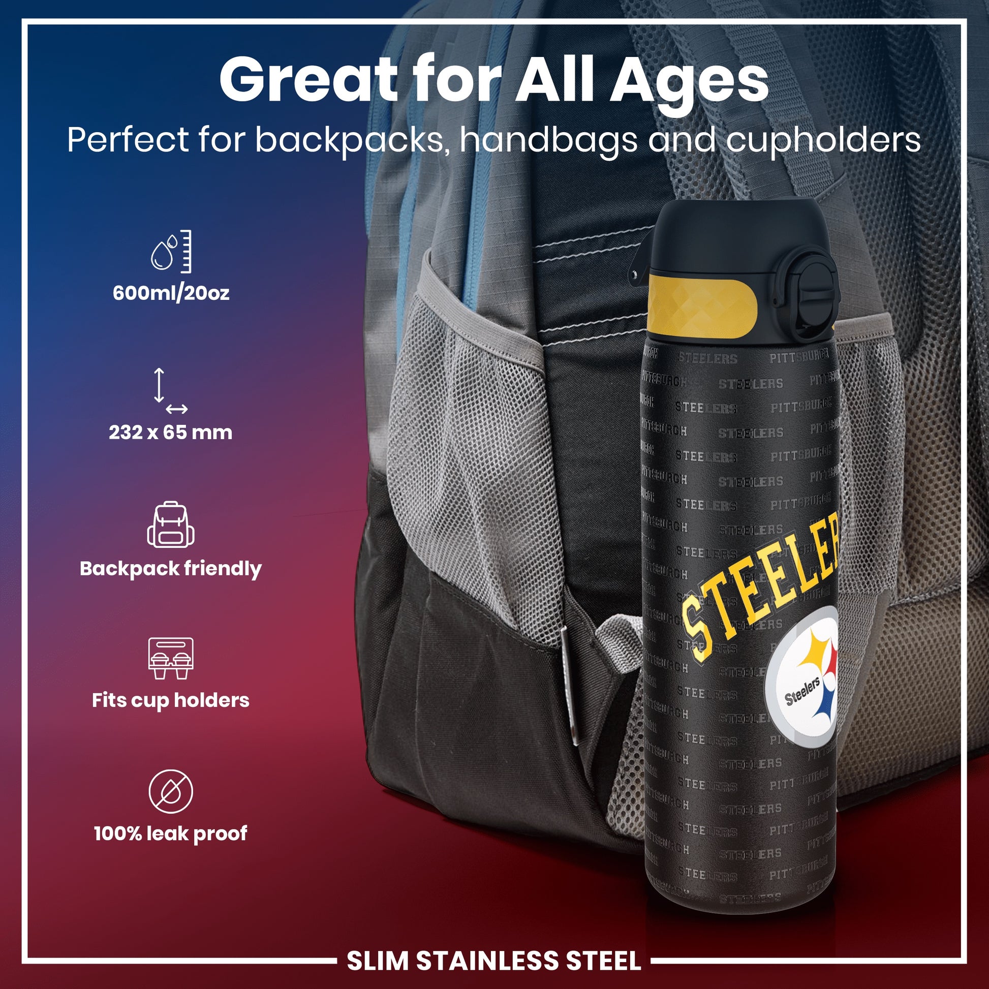 A Steelers-branded water bottle sits in a backpack pocket. It's 232 x 65 mm, 600ml/20oz, leak-proof, and fits cupholders. The bottle is slim and made of stainless steel.