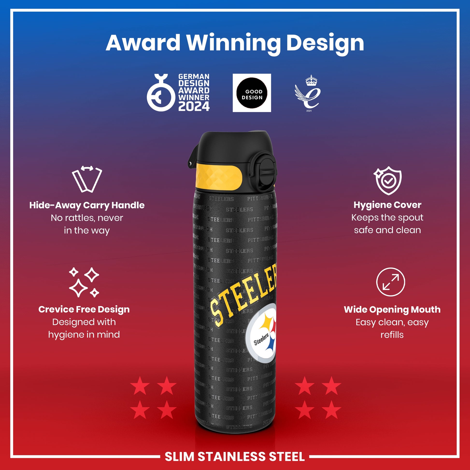 A black and yellow Steelers-branded water bottle stands against a red background. It features a hide-away handle, hygiene cover, and wide mouth. The bottle is advertised as award-winning, and crevice-free.