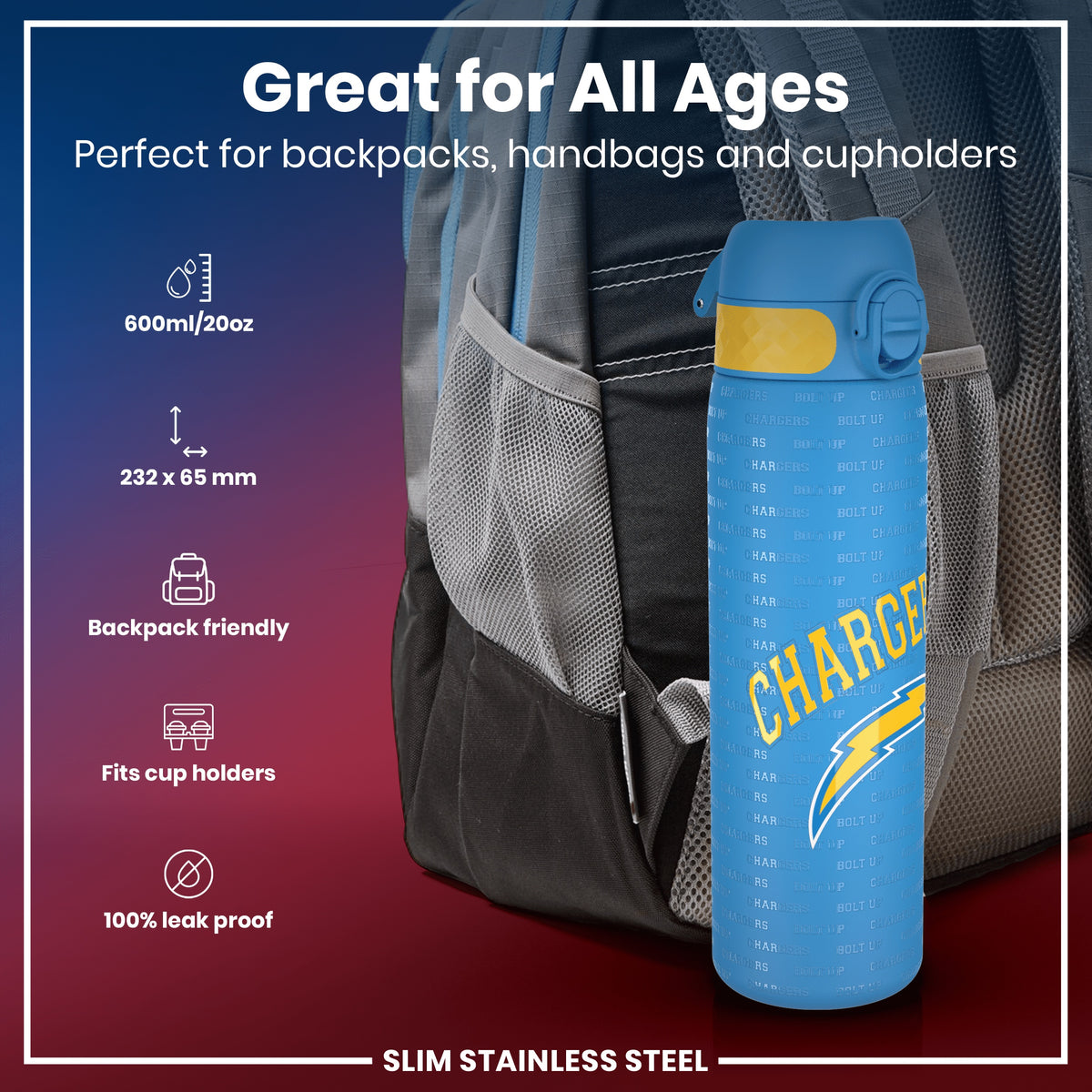 A blue water bottle, featuring the repeated text "CHARGERS" and "BOLT UP", is nestled in a backpack's mesh pocket. It's 600ml/20oz, 232 x 65 mm, backpack and cupholder friendly, and 100% leak proof.