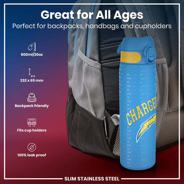 A blue water bottle, featuring the repeated text "CHARGERS" and "BOLT UP", is nestled in a backpack's mesh pocket. It's 600ml/20oz, 232 x 65 mm, backpack and cupholder friendly, and 100% leak proof.