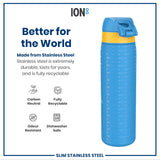 A stainless steel water bottle stands upright; it's blue with yellow accents and repeating text, 