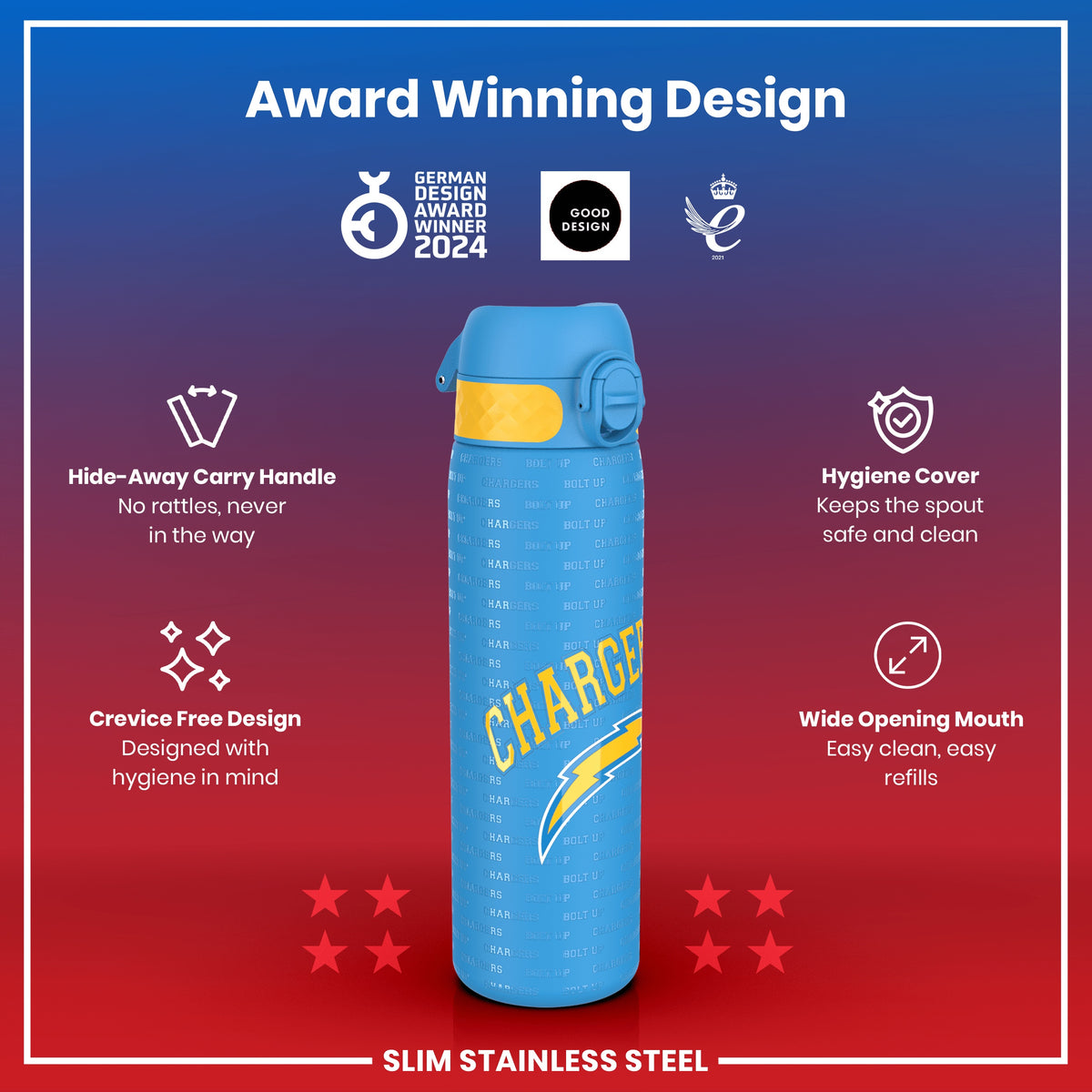 A blue, slim stainless steel water bottle, featuring a lightning bolt graphic and text, is displayed against a red and blue background; it advertises several design features and awards.