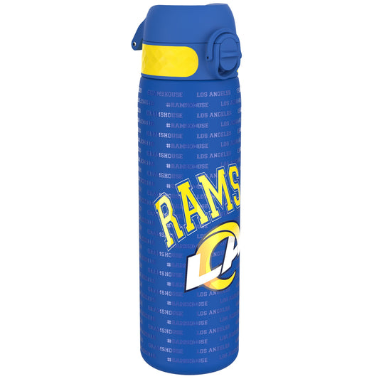 A blue water bottle, featuring the Los Angeles Rams logo and repeated "#RAMSHouse Los Angeles" text, sits against a white background.
