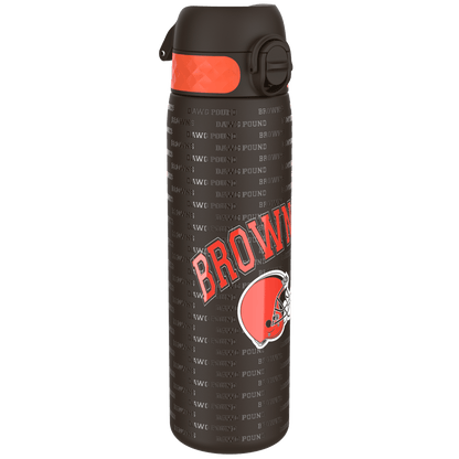 A water bottle stands against a green background. It is dark brown with orange accents, featuring repeated "Browns" and "Dawg Pound" text, and a football helmet graphic.