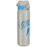 A gray water bottle, featuring a blue accent and repeated 