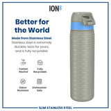 A stainless steel water bottle sits against a white background. The bottle is grey with light blue accents and features repeated text reading 