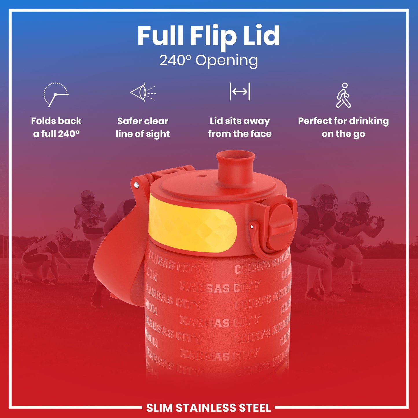 A red, slim stainless steel water bottle with a full flip lid, opens 240 degrees for easy access, shown against a blurred background of football players. The lid folds back completely, providing a clear line of sight and sits away from the face; perfect for on-the-go drinking. The bottle is emblazoned with "KANSAS CITY" and "CHIEFS KINGDOM" repeatedly.