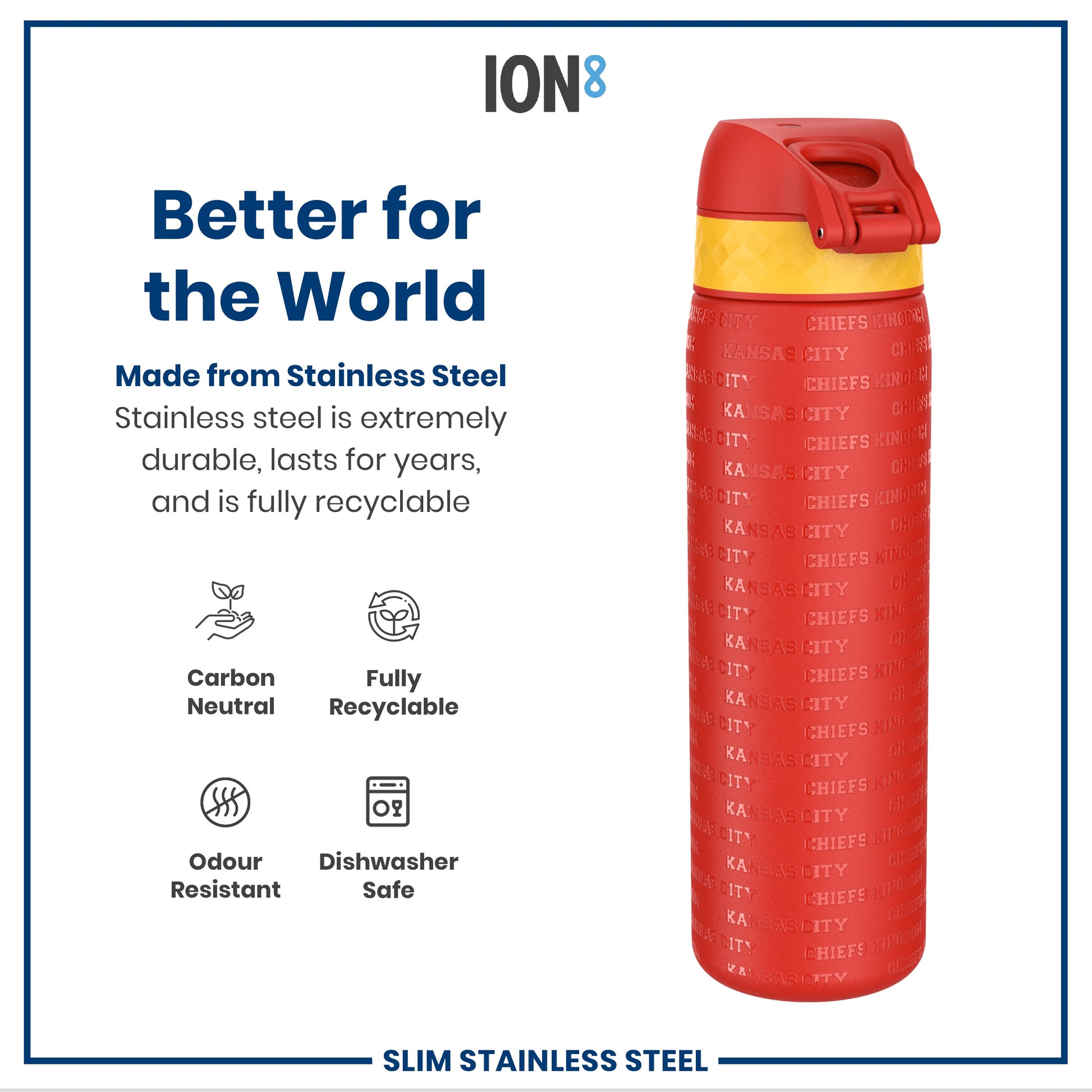 A red and yellow stainless steel water bottle stands against a white background. It displays the repeated text "Kansas City Chiefs Kingdom". The bottle is described as durable, recyclable, odor resistant, and dishwasher safe.