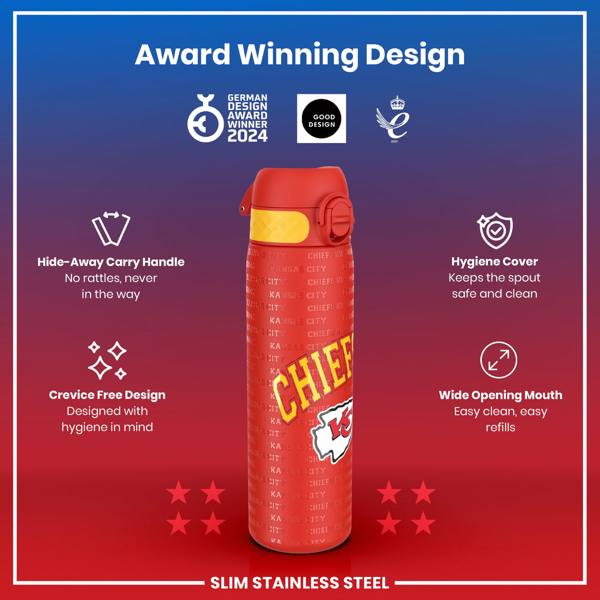 Leak Proof NFL Water Bottle, Stainless Steel, Kansas City Chiefs, 600ml (20oz)