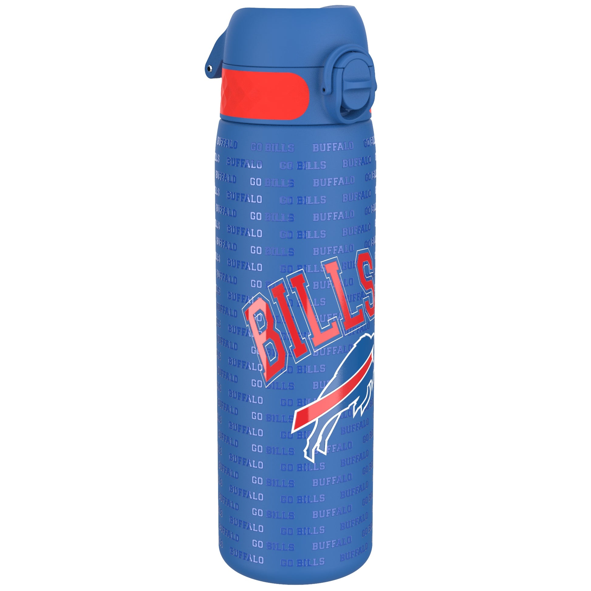 A blue water bottle, displaying repeated "Buffalo Go Bills" text and a Bills logo, sits on a white background.