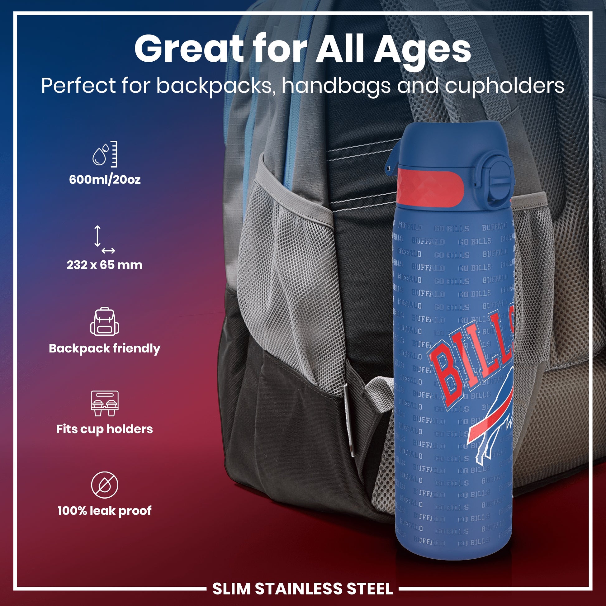 A blue, slim stainless steel water bottle, featuring Buffalo Bills branding, rests in a backpack's mesh pocket. It's 600ml/20oz, 232 x 65 mm, backpack and cupholder friendly, and 100% leak proof.
