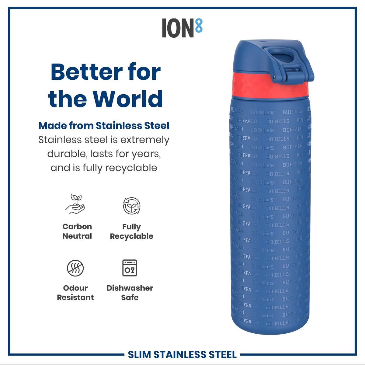 Leak Proof NFL Water Bottle, Stainless Steel, Buffalo Bills, 600ml (20oz)
