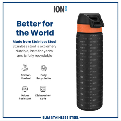 A stainless steel water bottle, featuring an orange band and "WHO DEY! BENGALS" text, sits against a white background, showcasing its durability and recyclability.
