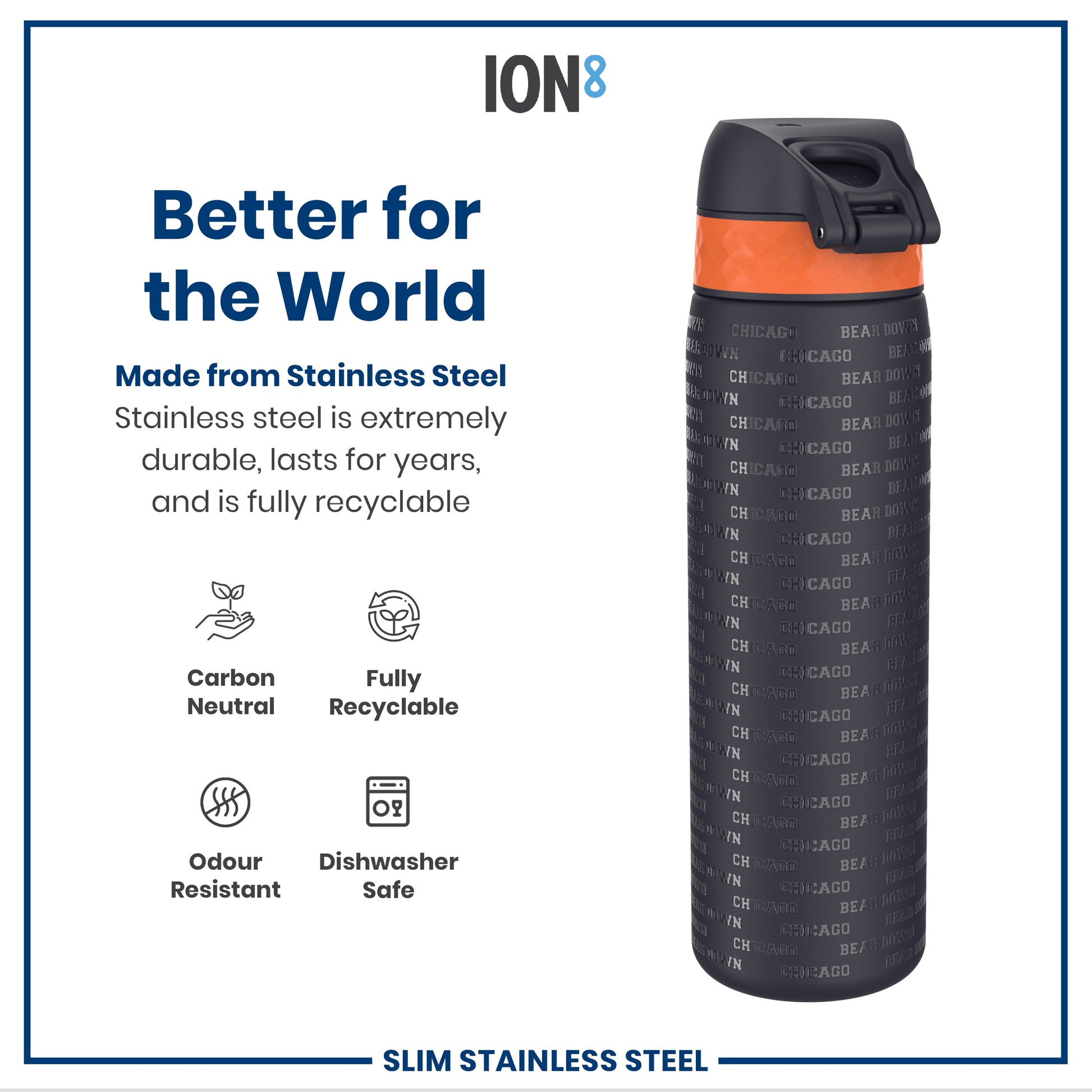 A stainless steel water bottle stands upright. Its body is dark gray with embossed text, and it has an orange band and black lid. It's shown against a white background with promotional text about its features. "Better for the World," "Made from Stainless Steel," and several product attributes are highlighted.