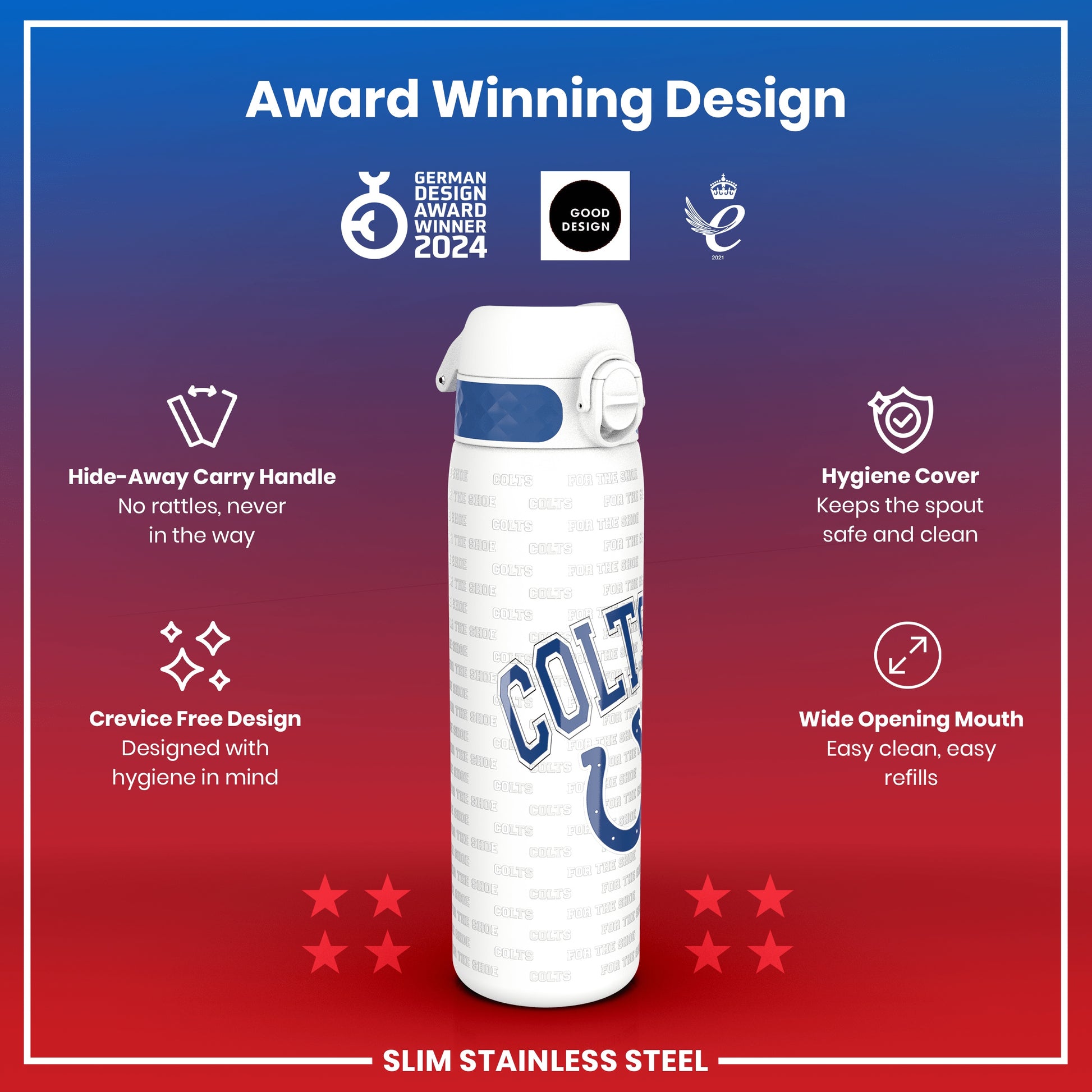 A slim stainless steel water bottle, featuring a hide-away handle and a hygiene cover, is displayed against a red and blue background; it boasts an award-winning design.